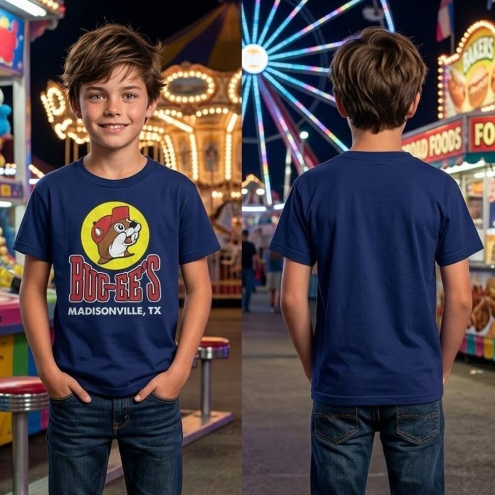 Buc-ees Madisonville TX Beaver Logo Navy Blue Shirt Youth Size Small Graphic Tee